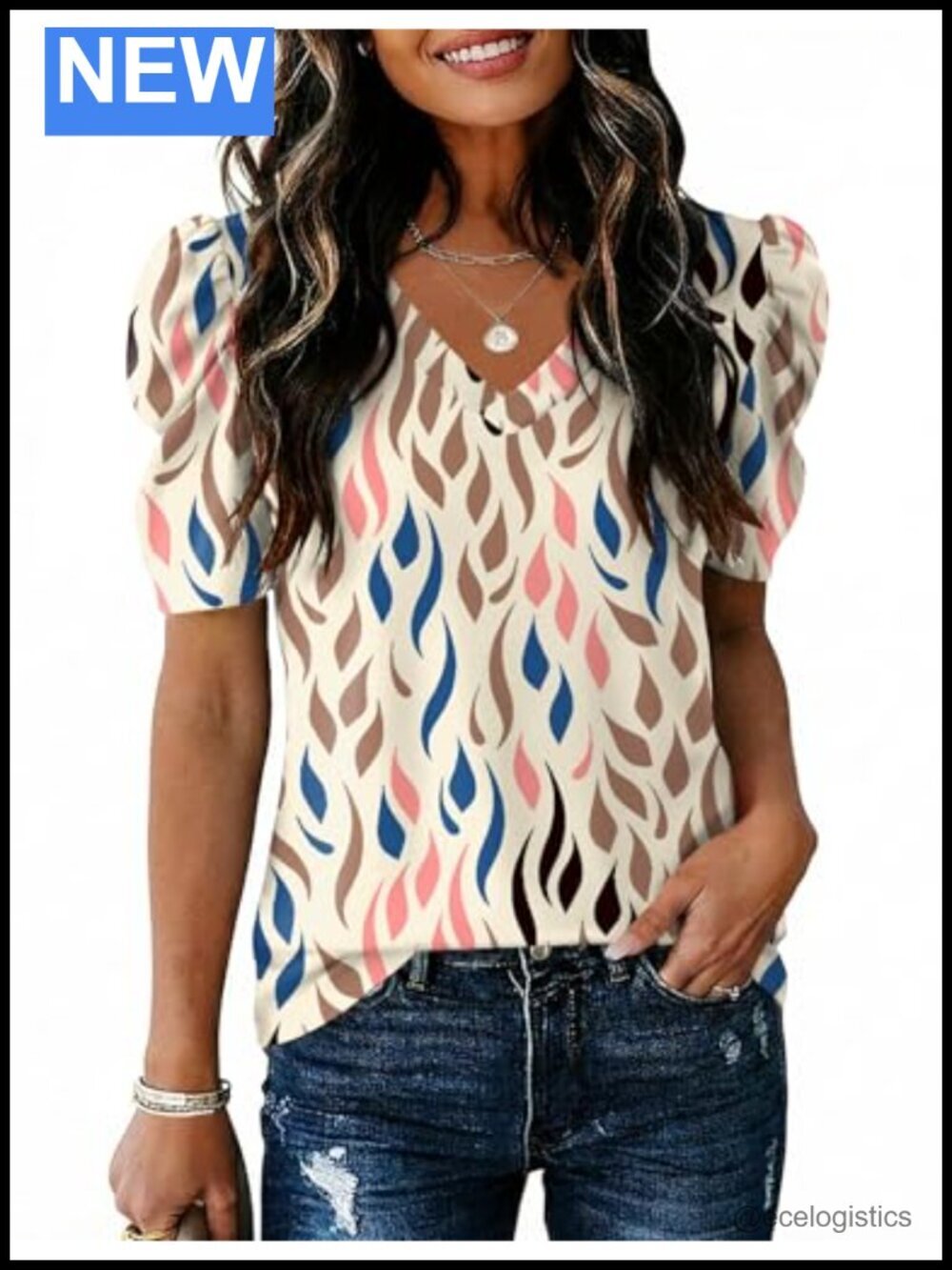 V Neck Puff Short Sleeve Blouse Dressy Casual Tunic Top
